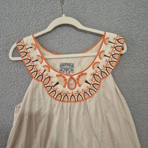 FLOREAT ANTHROPOLOGIE Women's Khaki Orange Embroidered Short Shift Dress L - Picture 3 of 11